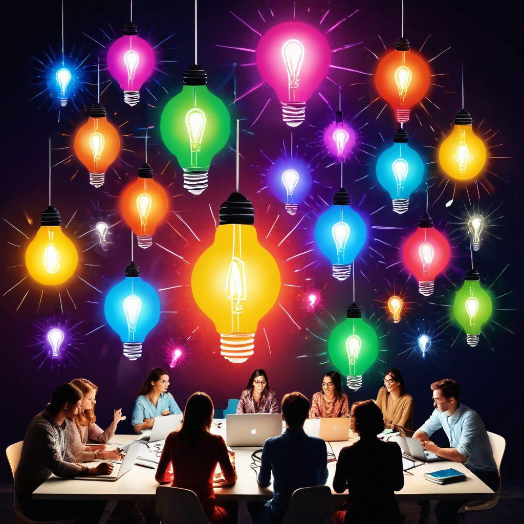 A vibrant collage showcasing a diverse group of people brainstorming around a digital platform, with bright lightbulbs symbolizing ideas and creativity glowing above their heads. Elements of blogging tools, such as notebooks, laptops, and tools for content creation, scattered around. An open door with colorful rays of light, symbolizing unlocking potential, in the background. colorful illustration. vector art. lively and engaging.