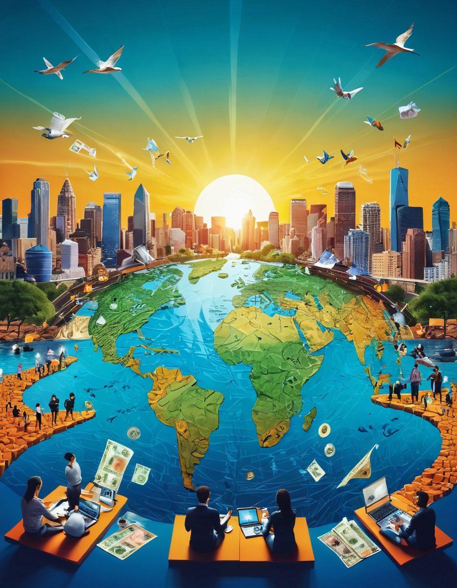 An abstract depiction of a vibrant digital world where a diverse group of bloggers collaborate and brainstorm ideas, surrounded by symbols of engagement like likes, shares, and comments. Include a flowing river made of currency notes symbolizing monetization, with a shining sun representing 'potential'. The background should feature a modern city skyline to represent growth and opportunities. super-realistic. vibrant colors. 3D.