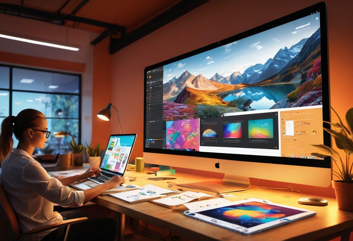 A vibrant digital workspace with a diverse group of creatives collaborating over a large screen displaying interactive content ideas. Illustrate various tools like tablets and laptops, bursting with colorful graphics and brainstorming notes scattered around. Include a whiteboard with sketches of ideas transforming into actionable plans. The atmosphere should be energetic and inspiring, with a warm glow from the screens. super-realistic. vibrant colors. modern design.
